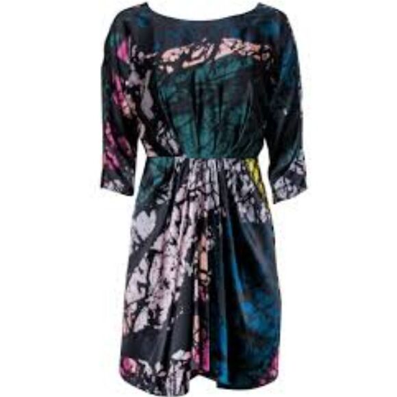 Tibi - Black Silk Sheath Dress w/ Multicolored Graphic Print - Picture 1 of 7